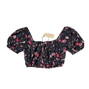 Gab & Kate Pink/Purple Floral Print Elastic Button Cropped Top Sz M Women